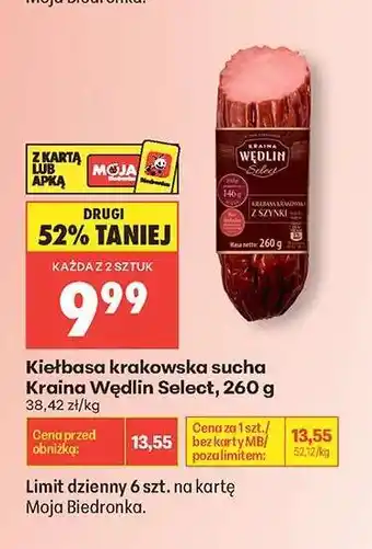 Biedronka Kiełbasa krakowska sucha Kraina Wędlin Select, 260 g oferta