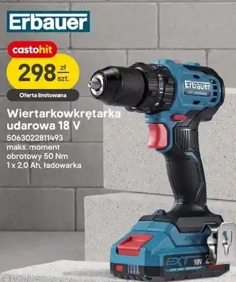 Wiertarkowkrętarka udarowa Erbauer 18V maks. moment obrotowy 50Nm 1x2,0Ah ładowarka