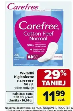 Carrefour Wkładki higieniczne CAREFREE Cotton Feel Normal oferta