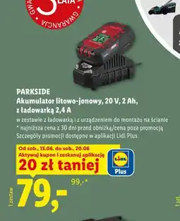 Lidl PARKSIDE Akumulator litowo-jonowy, 20 V, 2 Ah, z ładowarką 2,4 A oferta