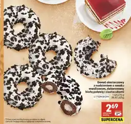 Delikatesy Centrum Donut ciasteczkowy z nadzieniem o smaku waniliowym dekorowany białą polewą i ciasteczkami Stokson oferta