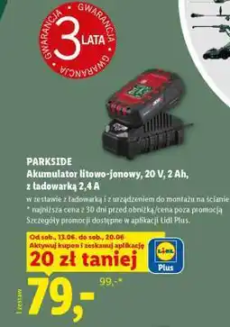 Lidl PARKSIDE Akumulator litowo-jonowy 20 V, 2 Ah z ładowarką 2,4 A oferta