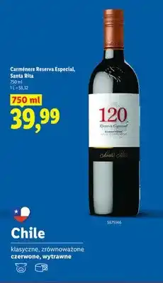 Lidl Wino czerwone wytrawne Carménere Reserva Especial Santa Rita oferta