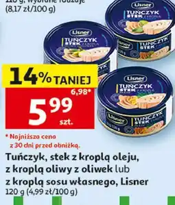 Auchan Tuńczyk, stek z kroplą oleju, z kroplą oliwy lub z kroplą sosu własnego, Lisner oferta
