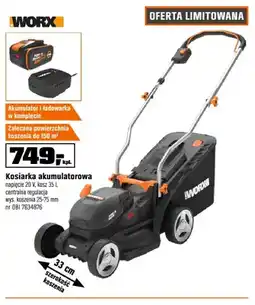 OBI Kosiarka akumulatorowa WORX napięcie 20V kosz 35l centralna regulacja wys. koszenia 25-75mm oferta