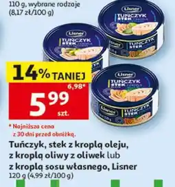 Auchan Tuńczyk, stek z kroplą oleju, z kroplą oliwy z oliwek lub z kroplą sosu własnego, Lisner oferta