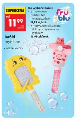 Biedronka Bańki mydlane Fru Blu z motywem dinozaura tablicą do rysowania i rysikiem oferta