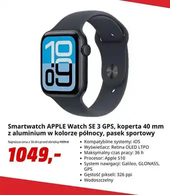 Smartwatch APPLE Watch SE 3 GPS koperta 40 mm z aluminium w kolorze północy pasek sportowy