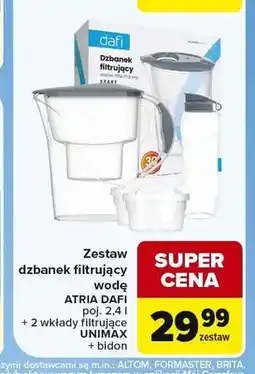 Carrefour Zestaw dzbanek filtrujący wodę Atria Dafi + 2 wkłady filtrujące Unimax + bidon oferta