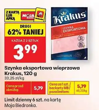 Biedronka Szynka eksportowa wieprzowa Krakus, 120 g oferta