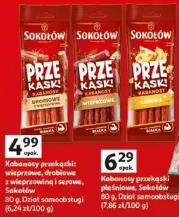 Auchan Kabanosy przekąski: wieprzowe, drobiowe z wieprzowiną i serowe, Sokołów oferta