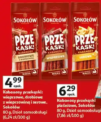 Auchan Kabanosy przekąski: wieprzowe, drobiowe z wieprzowiną i serowe, Sokołów oferta