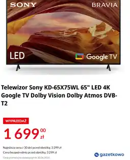 RTV EURO AGD Telewizor Sony KD-65X75WL 65 LED 4K Google TV Dolby Vision Dolby Atmos DVB-T2 oferta