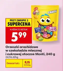 Biedronka Orzeszki arachidowe w czekoladzie mlecznej i cukrowej otoczce Monti Candi oferta