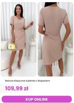 Modna Kiecka Sukienka klasyczna z wiązaniem beżowa ModnaKiecka.pl oferta