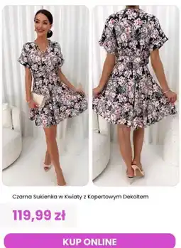 Modna Kiecka Sukienka damska czarna w kwiaty z kopertowym dekoltem ModnaKiecka.pl oferta