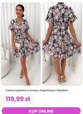Sukienka damska czarna w kwiaty z kopertowym dekoltem ModnaKiecka.pl
