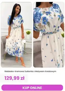 Modna Kiecka Sukienka damska niebiesko-kremowa z motywem kwiatowym ModnaKiecka.pl oferta