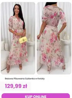 Modna Kiecka Sukienka damska plisowana beżowa w kwiaty ModnaKiecka.pl oferta