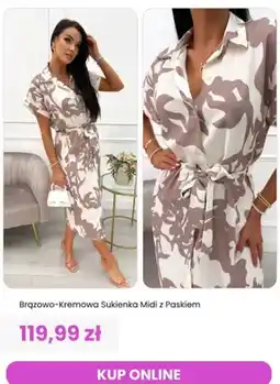 Modna Kiecka Sukienka midi z paskiem brązowo-kremowa ModnaKiecka.pl oferta