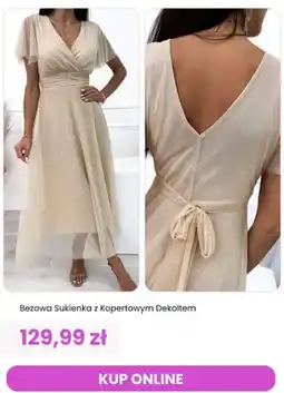 Modna Kiecka Sukienka beżowa z kopertowym dekoltem ModnaKiecka oferta