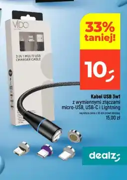 Dealz Kabel USB 3w1 z wymiennymi złączami Vido oferta