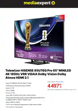 Media Expert Telewizor HISENSE 65U78Q Pro 65 MINILED 4K 165Hz VRR VIDAA Dolby Vision Dolby Atmos HDMI 2.1 oferta