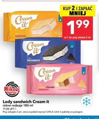 Lody sandwich Cream it o smaku śmietankowym z kawałkami czekolady mlecznej