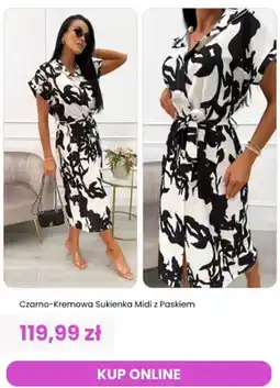 Modna Kiecka Sukienka midi ModnaKiecka.pl czarno-kremowa z paskiem oferta