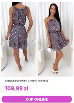 Modna Kiecka Sukienka brązowa w grochy z falbanką oferta
