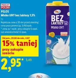 Lidl PILOS Mleko UHT bez laktozy 1,5% oferta