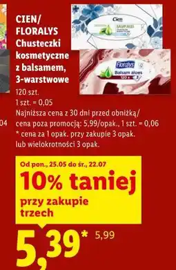 Lidl Cien/Floralys Chusteczki kosmetyczne z balsamem, 3-warstwowe oferta