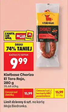 Biedronka Kiełbasa Chorizo El Toro Rojo oferta