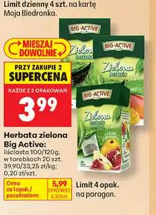 Biedronka Herbata zielona Big Active: liściasta 100/120g, w torebkach 20 szt oferta
