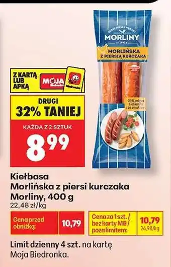 Biedronka Kiełbasa Morliňska z piersi kurczaka Morliny 400 g oferta