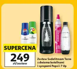 Auchan Zestaw: urządzenie terra black + 2x butelki 1l 1 cylinder syrop pepsi 7up Sodastream oferta