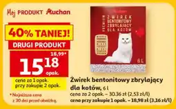 Auchan Żwirek bentonitowy zbrylający dla kotów, 6 l oferta