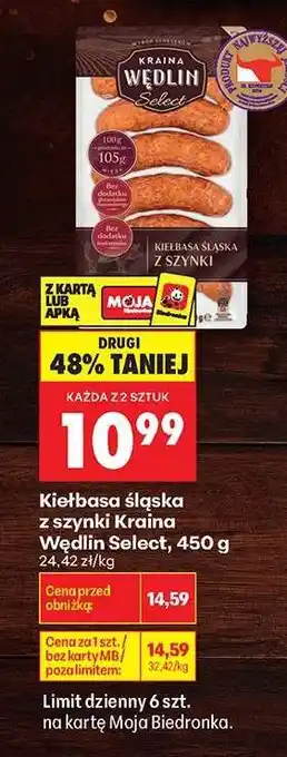 Biedronka Kiełbasa śląska z szynki Kraina Wędlin Select 450 g oferta
