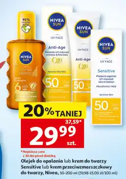 Auchan Olejek do opalania lub krem do twarzy Sensitive lub krem przeciwzmarszczkowy do twarzy, Nivea oferta