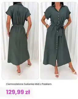 Modna Kiecka Ciemnnozielona Sukienka Midi z Paskiem oferta