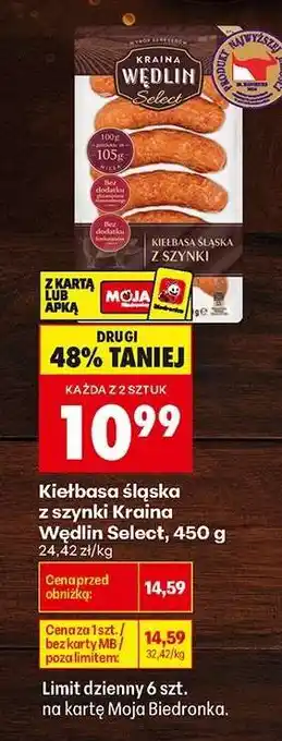 Biedronka Kiełbasa śląska z szynki Kraina Wędlin Select 450 g oferta