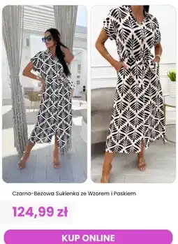 Modna Kiecka Sukienka damska czarno-beżowa ze wzorem i paskiem ModnaKiecka.pl oferta