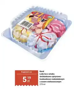 Biedronka Lody Iza o smaku śmietankowo-cytrynowo-truskawkowo-czekoladowym z sosem wieloowocowym Koral oferta