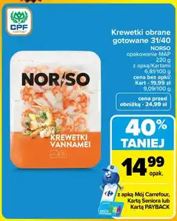 Carrefour Krewetki obrane gotowane 31/40 Norso oferta
