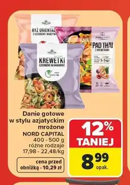 Carrefour Danie gotowe mrożone Krewetki czosnkowe na makaronie Family Fish oferta