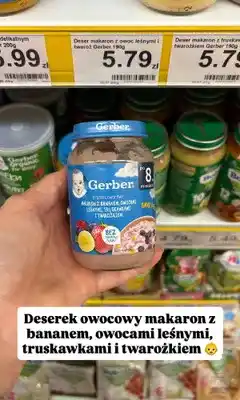 Dino Deserek owocowy makaron z bananem, owocami leśnymi, truskawkami i twarożkiem Gerber oferta