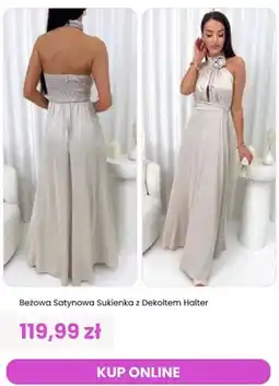 Modna Kiecka Sukienka damska satynowa beżowa z dekoltem halter ModnaKiecka.pl oferta