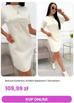 Modna Kiecka Sukienka damska beżowa z krótkim rękawem i tłoczeniem ModnaKiecka.pl oferta