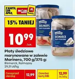 Biedronka Platy śledziowe marynowane w zalewie Marinero , 700 g / 375 g Bismarck Rolmopsy oferta