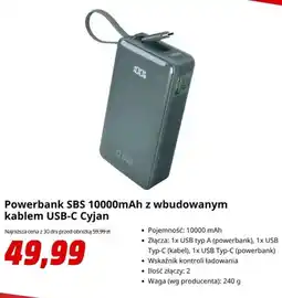 Media Markt Powerbank SBS 10000mAh z wbudowanym kablem USB-C Cyjan oferta